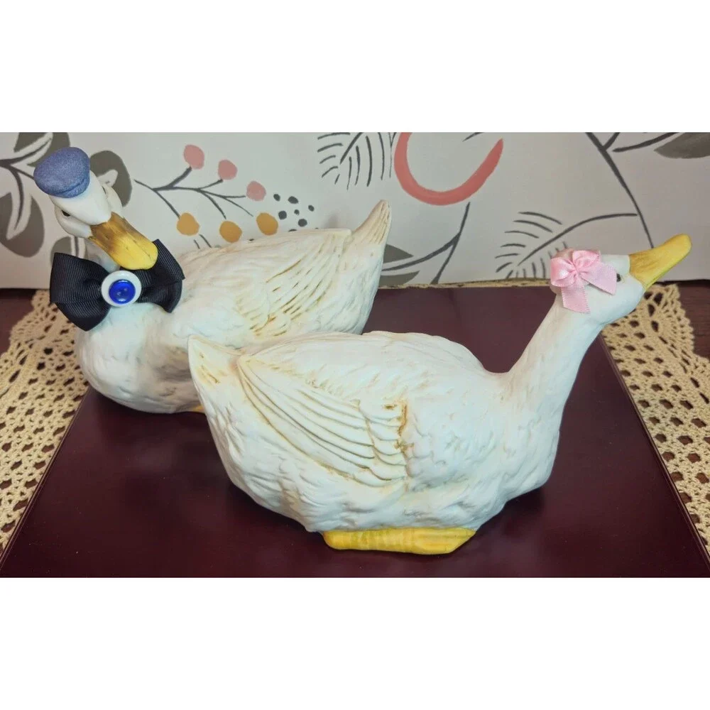 Cottage Core Vintage White Ceramic Dapper Boy & Girl Ducks w/ Added Adornments